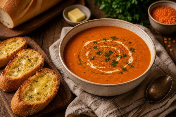 Creamy tomato and red lentil soup served with buttered French bread