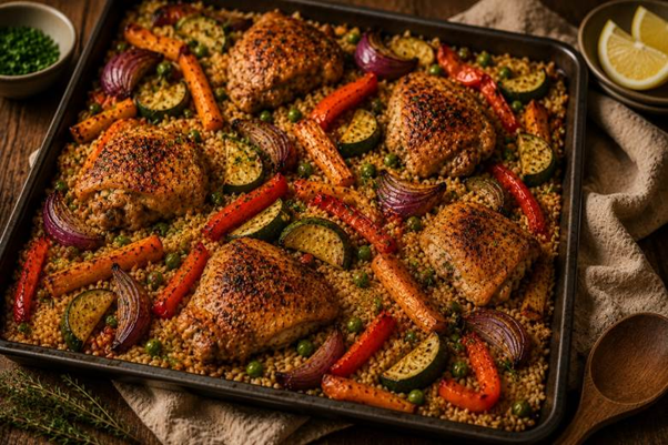 Maybis chicken and vegetable tray bake with savoury rice