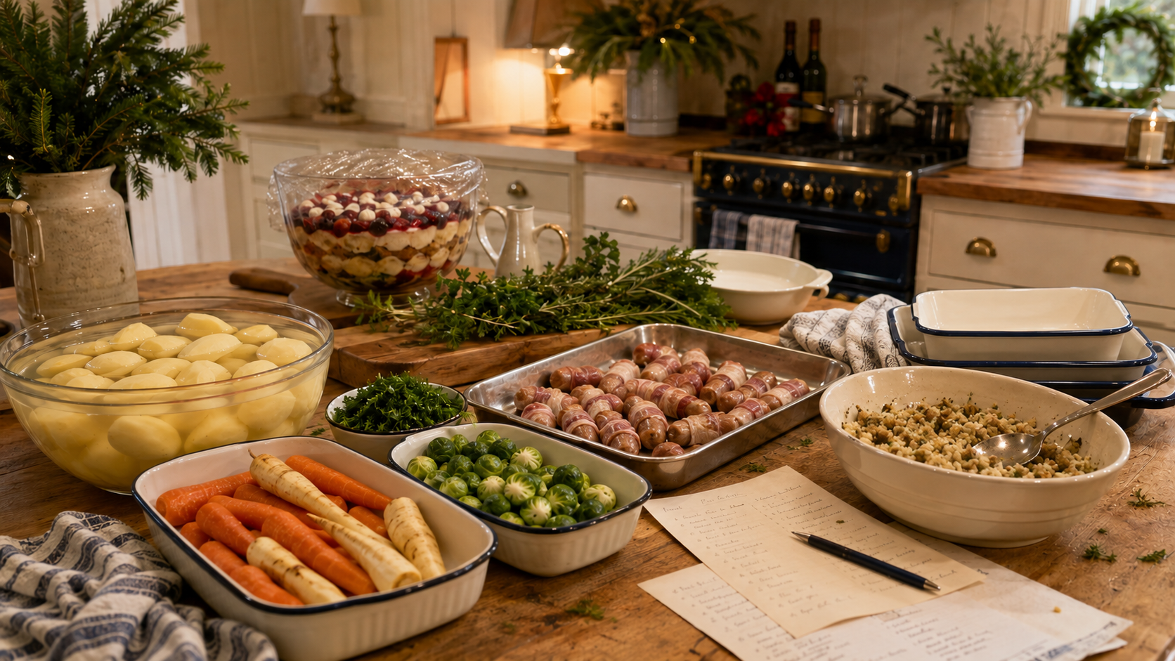 Christmas food prepared in advance with vegetables, potatoes, stuffing and pigs in blankets