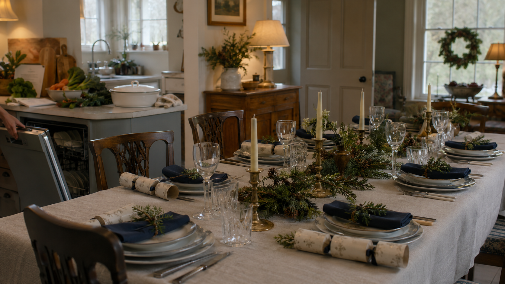 An elegant Christmas dining table prepared in advance with navy napkins, evergreen foliage and brass candlesticks