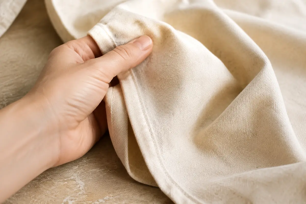 A hand feeling the soft woven texture of a natural cotton tea towel