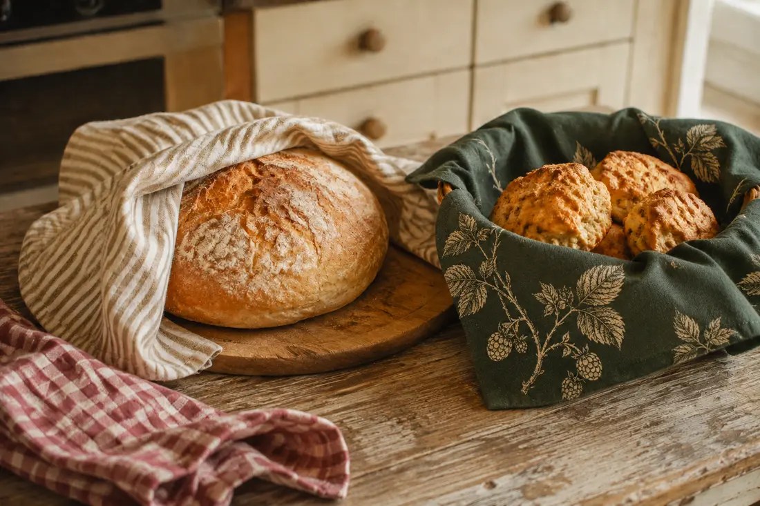 Fresh homemade bread and scones wrapped and served in patterned tea towels