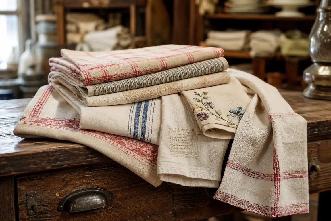 A collection of carefully kept vintage cotton tea towels in an antique shop