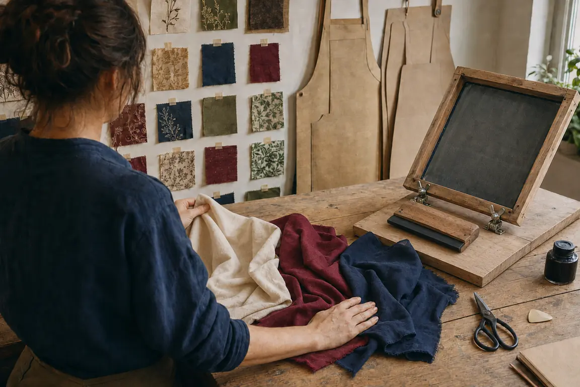 A Maybis maker choosing between natural, claret and navy cotton in an artisan workshop
