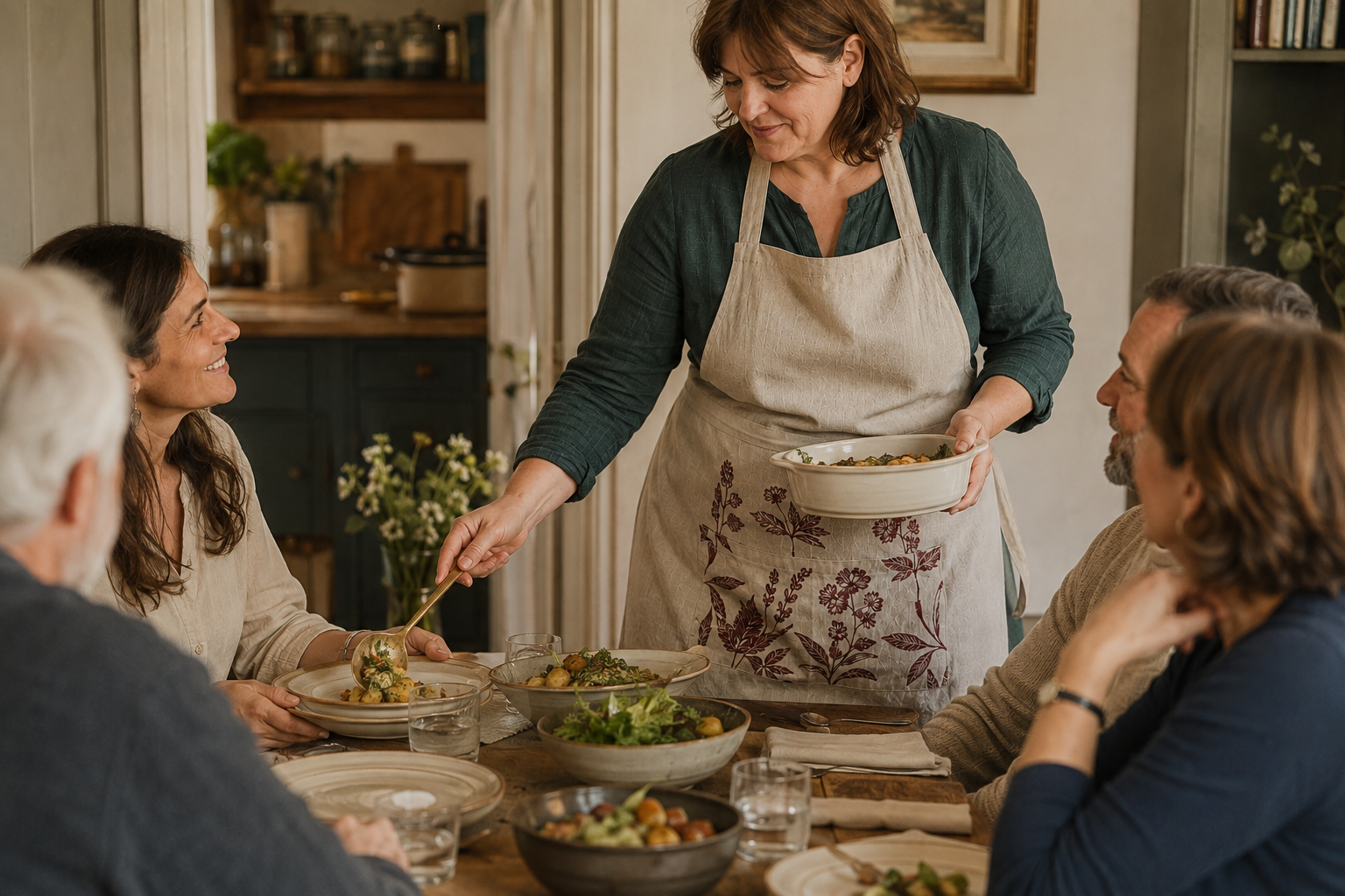 A relaxed woman confidently wearing her kitchen apron while serving food to guests around a dining table