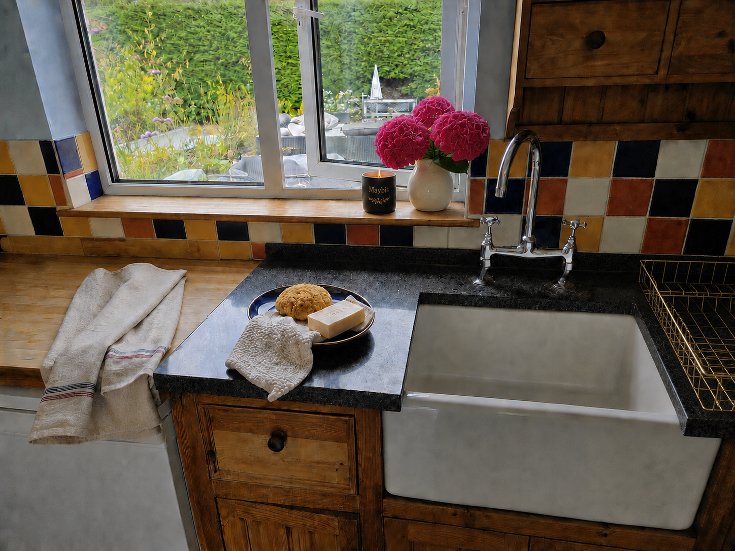 A clean and beautifully styled kitchen sink area with hydrangeas, a navy Maybis candle and gold accessories