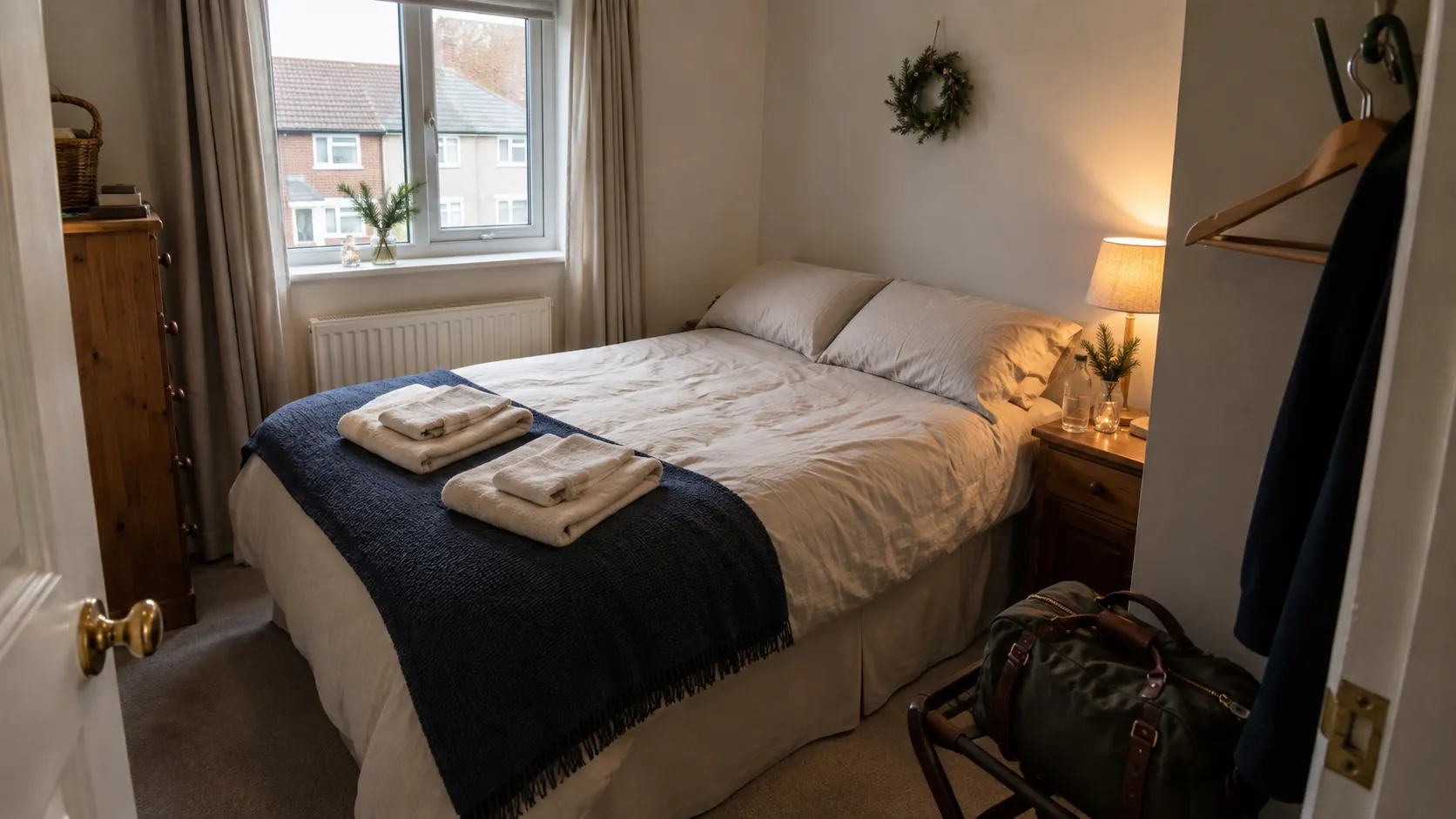 A modest guest bedroom prepared for Christmas visitors with fresh bedding and folded towels