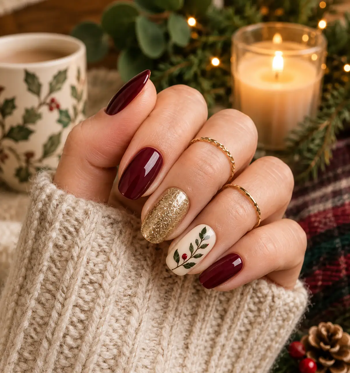 Rich claret-red winter nails with elegant decorative details