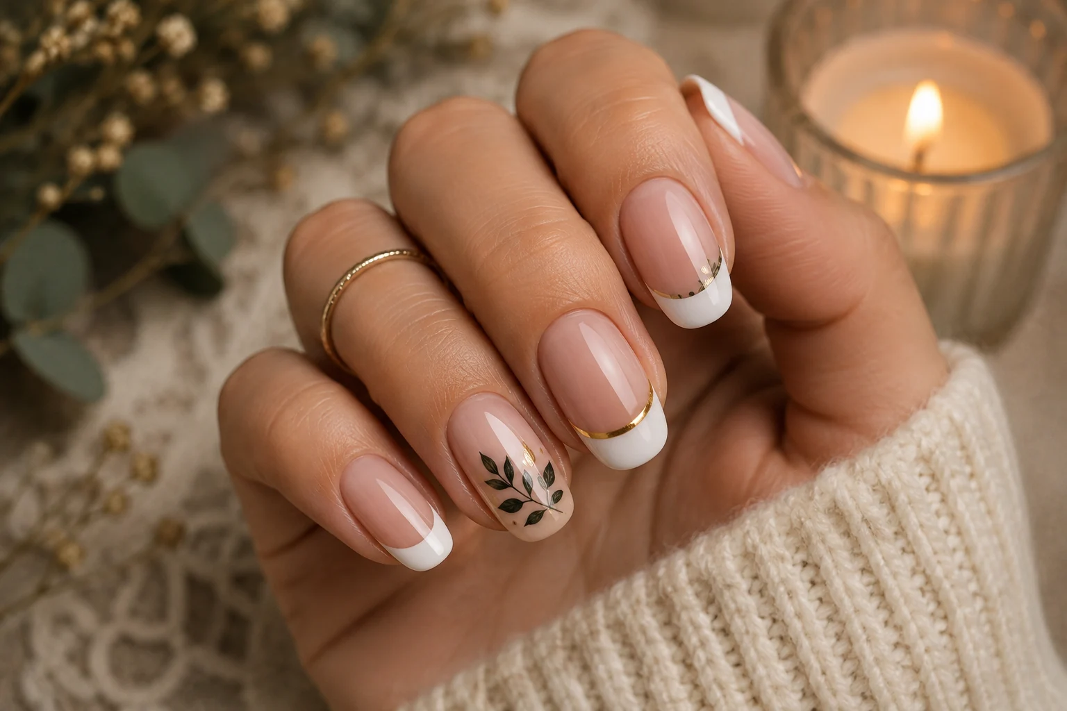 Classic French manicure with delicate winter botanical details