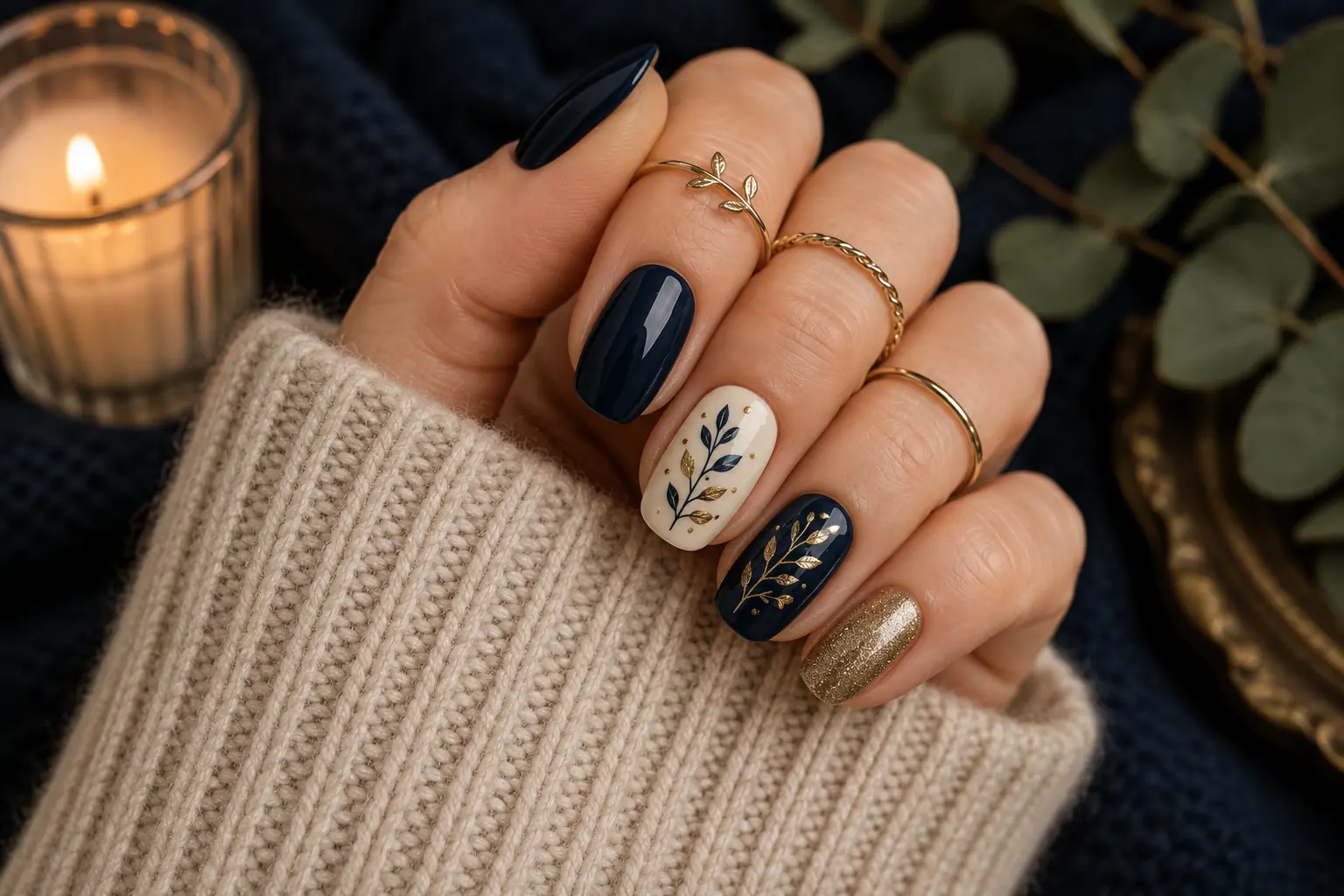 Elegant navy winter nails with classic seasonal details
