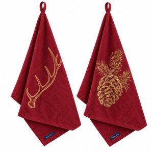 Claret Red Christmas Tea Towels British Made & Handmade – Stag & Pinecone, Set of 2
