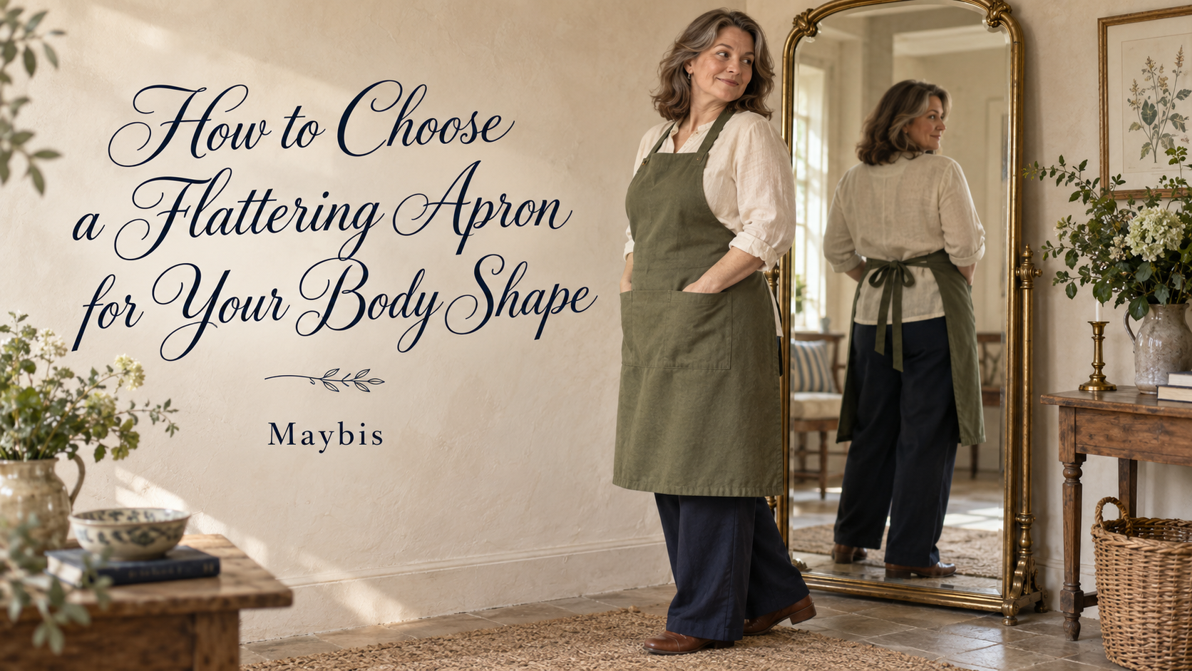 A woman checks the fit of her olive apron in a full-length mirror beside the article title.