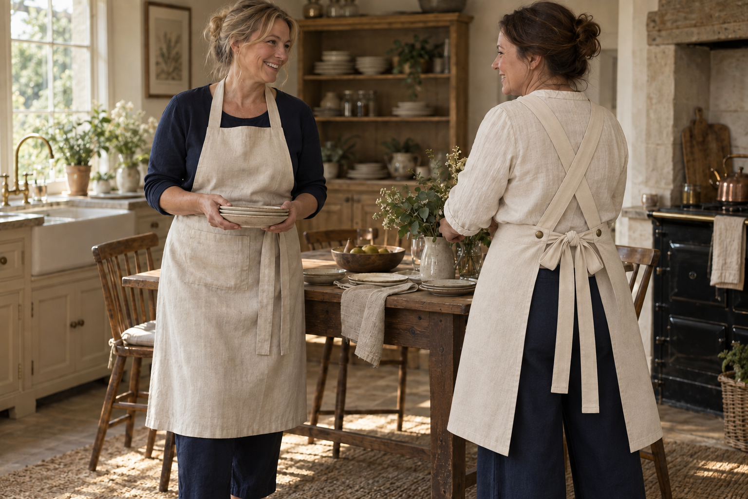 Two women in natural cotton aprons: a softly draped bib style on the left and a structured cross-back style with brass snaps and a waist bow on the right.