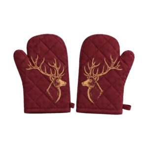 Claret Red Christmas Oven Mitts – Gold Stag Print, Pair, 100% Cotton