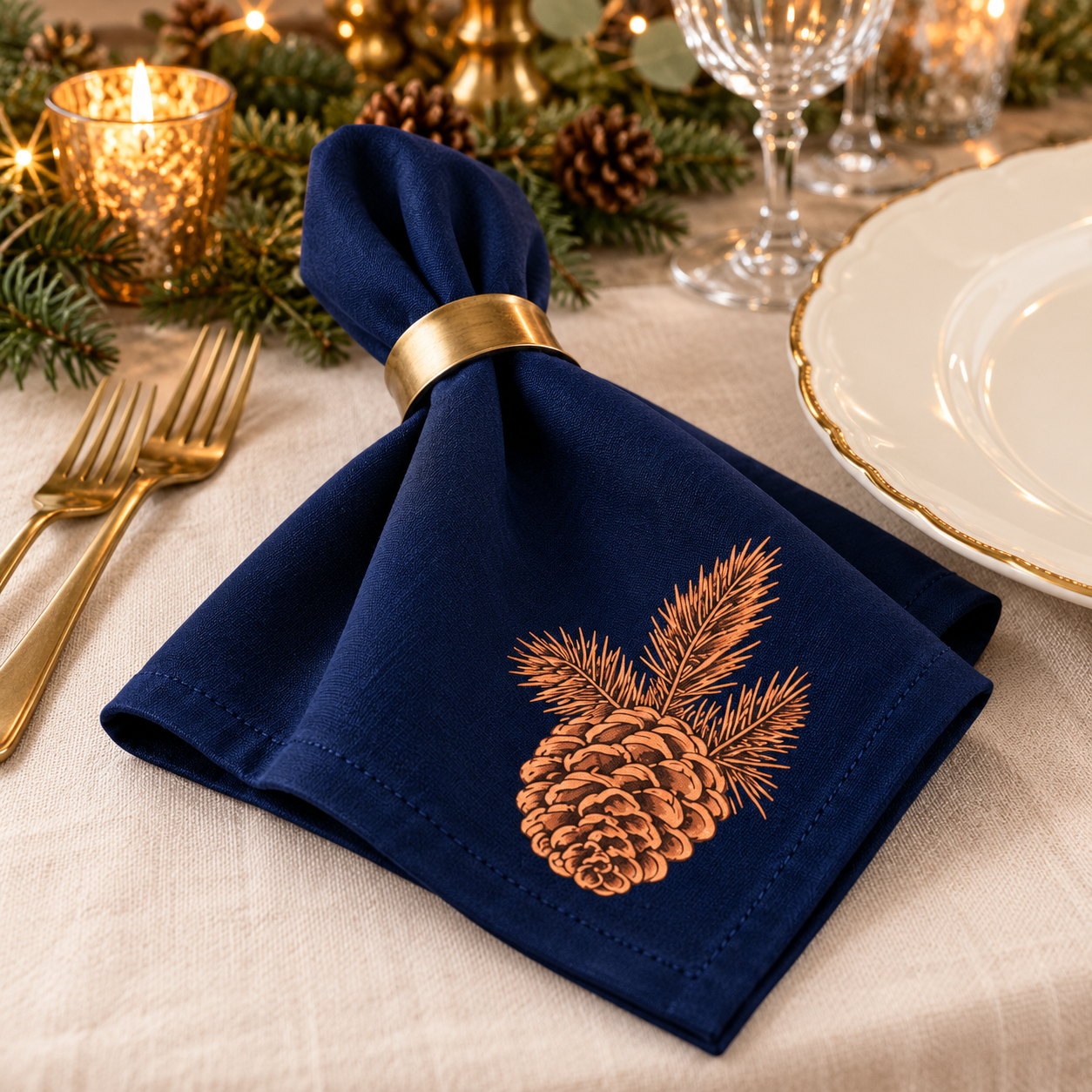Navy Blue Cloth Christmas Napkin – Pinecone, Set of 4 - Image 3